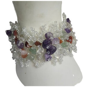 Vtg Handwoven Semi Precious Stone Seed Bead  Adjustable Bracelet